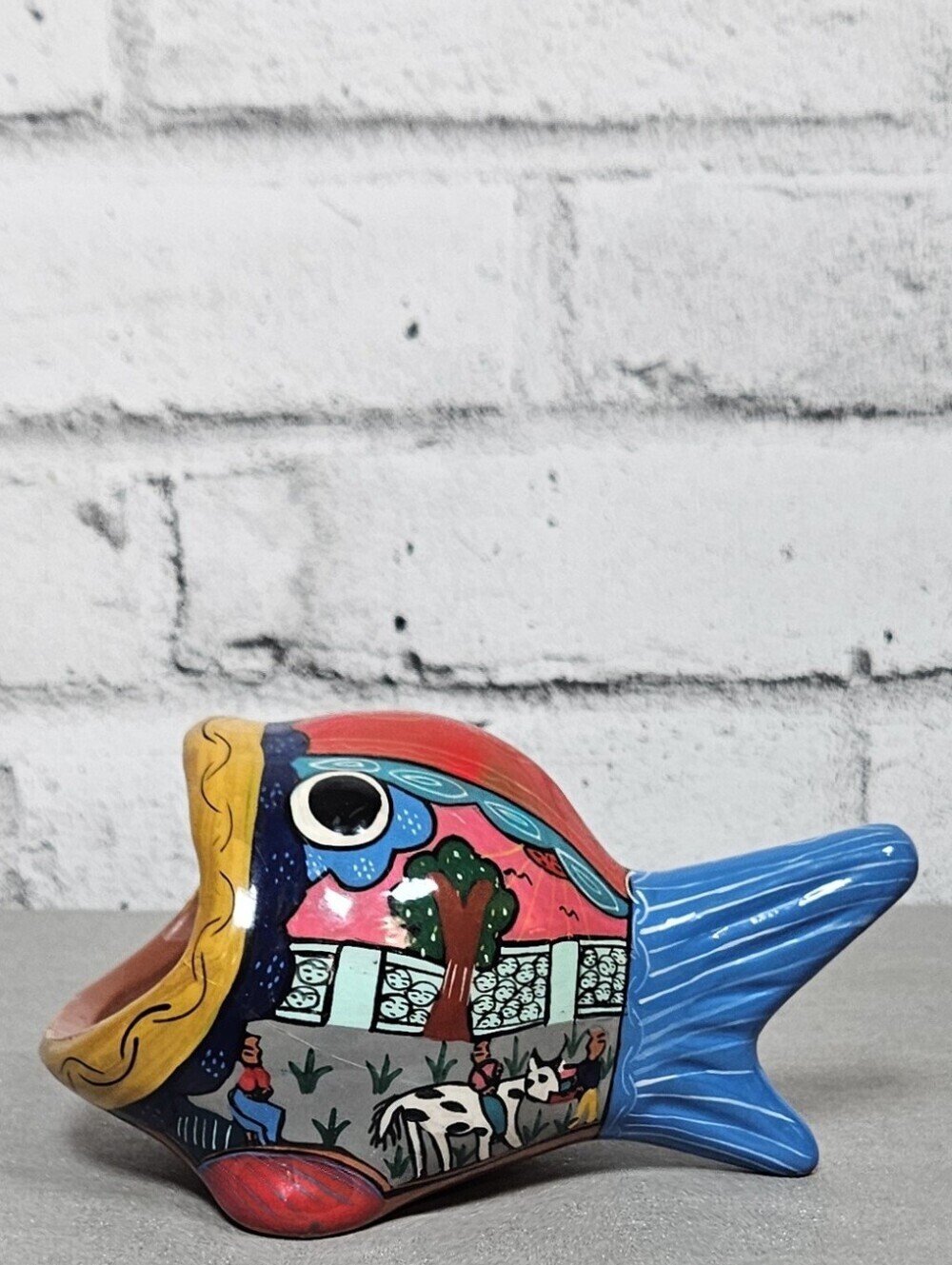 Hand Painted Talavera Style Fish Pottery Planter Folk Art Ceramic Decor